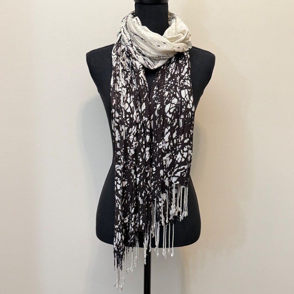Cejon Brown Cream Abstract Sequin Rayon Scarf Fringe Dress Decorative Office